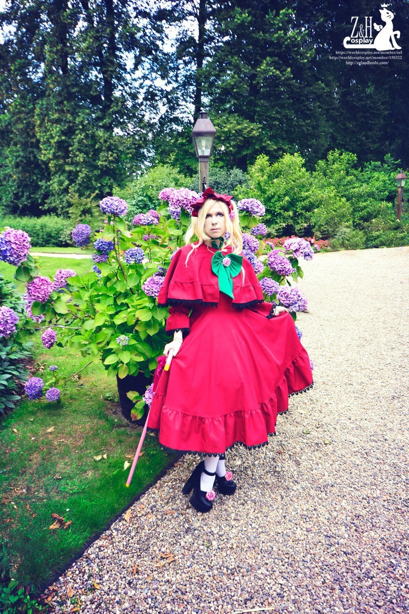 1girl black_cat blonde_hair bow dress flower hairband mary_janes outdoors shinku shoes solo standing