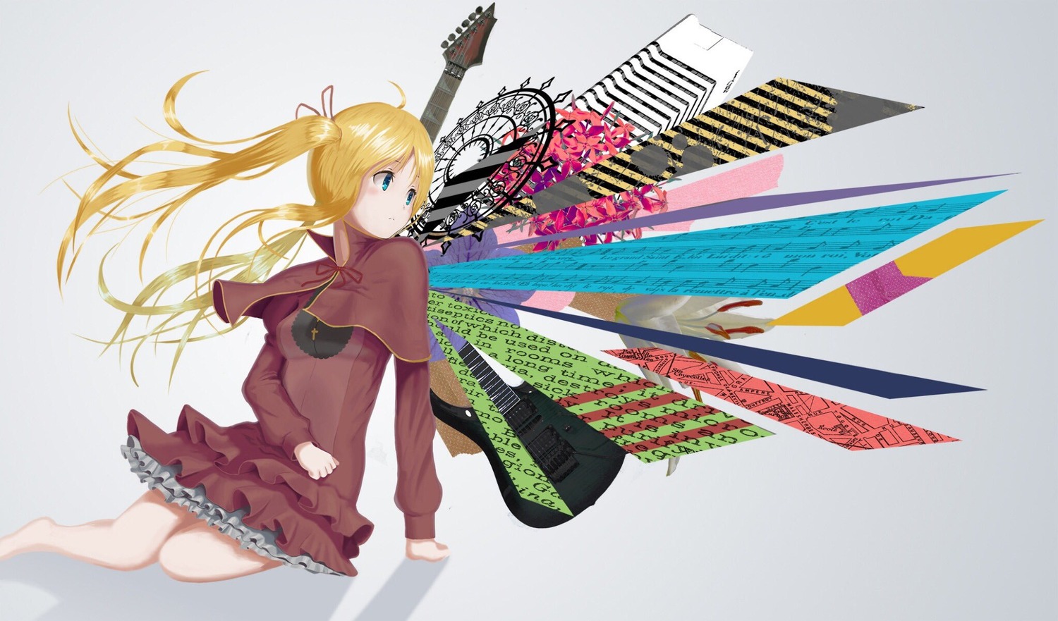 1girl barefoot blonde_hair blue_eyes dress hair_ribbon image long_hair ribbon shinku solo twintails