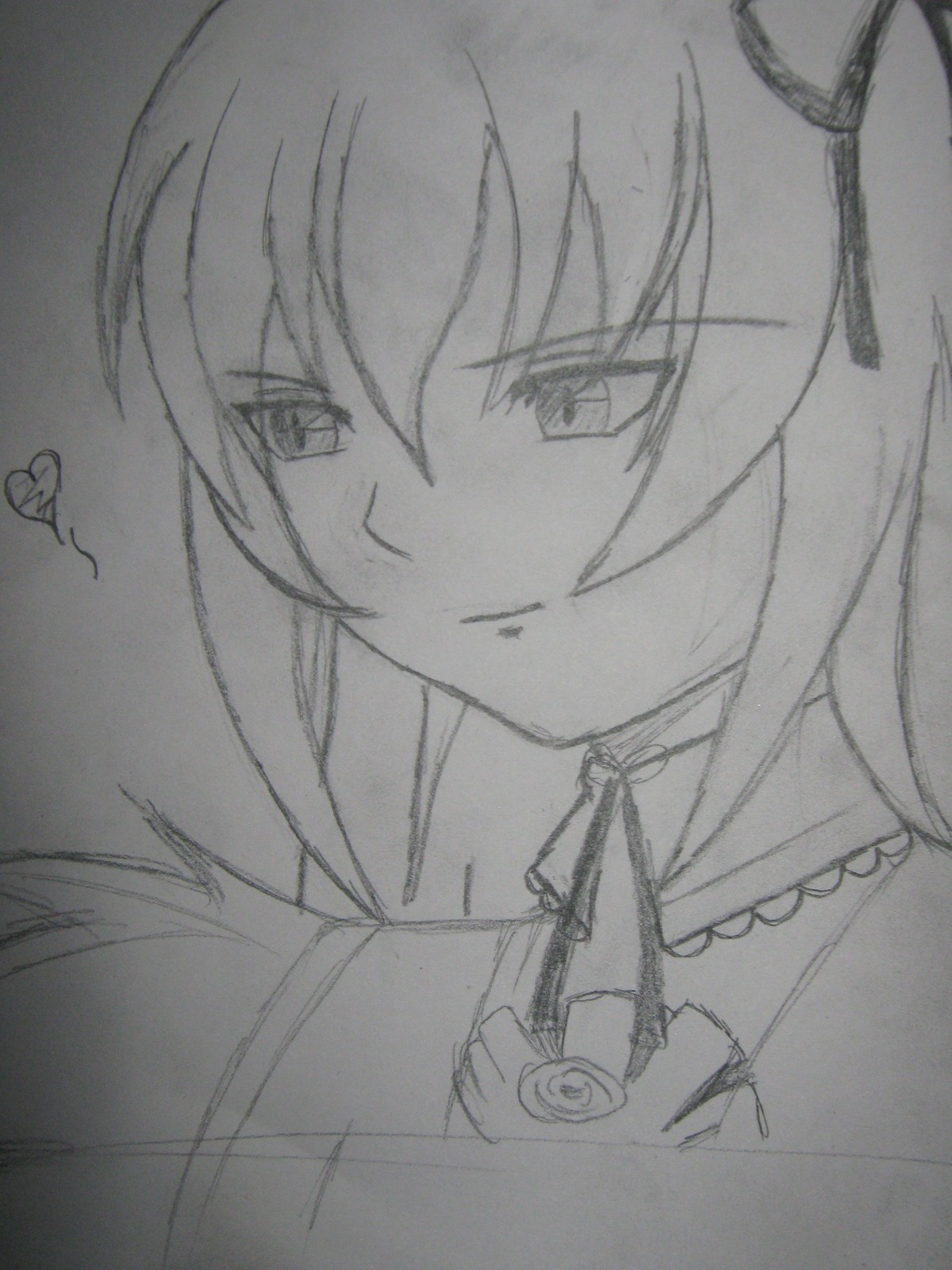 1girl bangs choker closed_mouth eyebrows_visible_through_hair greyscale hair_ribbon heart image long_hair looking_at_viewer monochrome ribbon sketch smile solo suigintou traditional_media