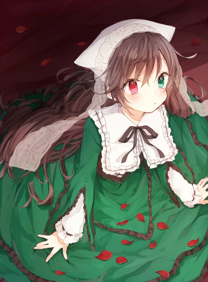 1girl blush brown_hair dress flower frills green_dress heterochromia image long_hair long_sleeves looking_at_viewer petals red_eyes ribbon rose_petals solo suiseiseki very_long_hair