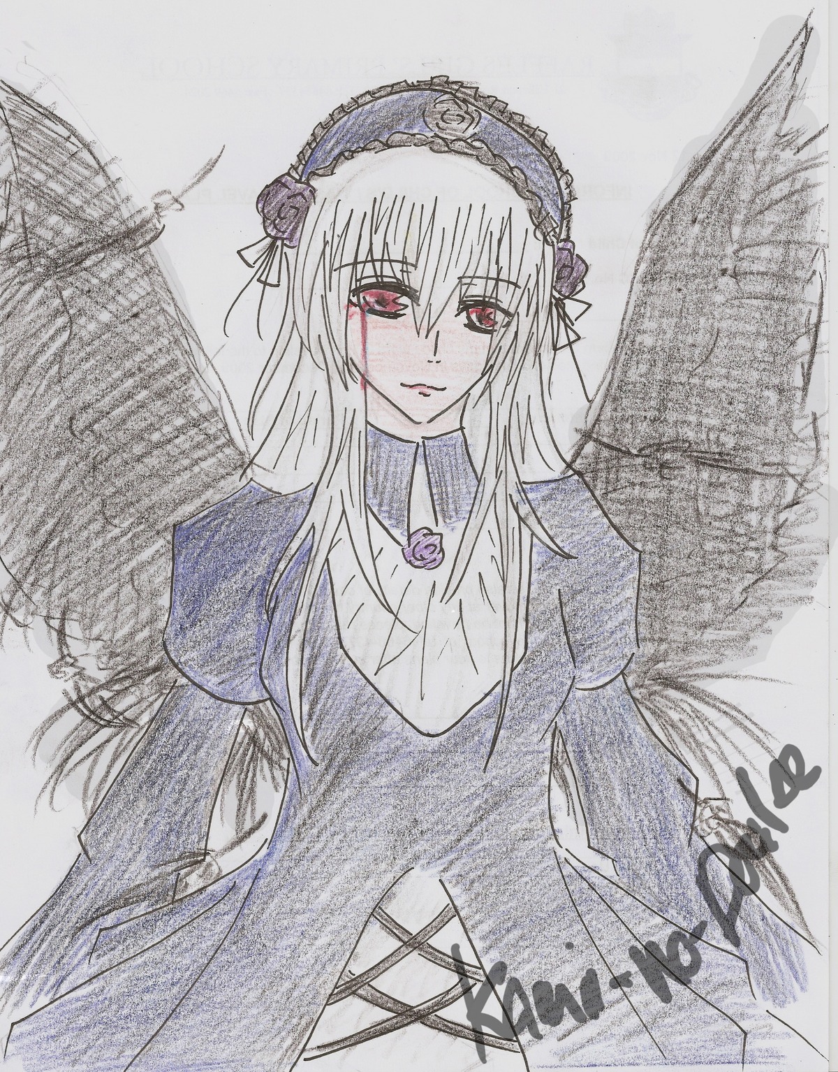 1girl black_wings dress flower hairband image long_hair long_sleeves looking_at_viewer solo suigintou traditional_media wings