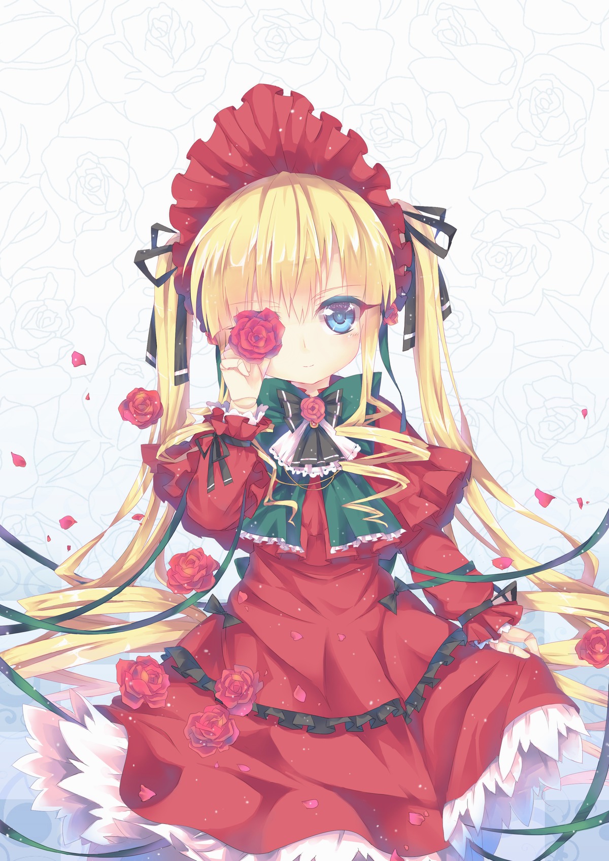 1girl absurdres blonde_hair blue_eyes blush bonnet bow commentary_request covering_one_eye doll doll_joints dress drill_hair floral_background flower highres image joints light_smile long_hair looking_at_viewer north_abyssor petals photoshop_(medium) red_dress ribbon rose rozen_maiden shinku smile solo twintails very_long_hair