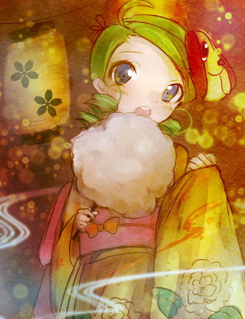 1girl green_hair hat image japanese_clothes kanaria kimono open_mouth solo