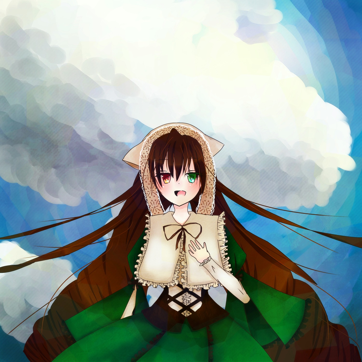 1girl :d auto_tagged brown_hair capelet cloud dress green_eyes heterochromia image long_hair long_sleeves looking_at_viewer open_mouth red_eyes sky smile solo suiseiseki very_long_hair