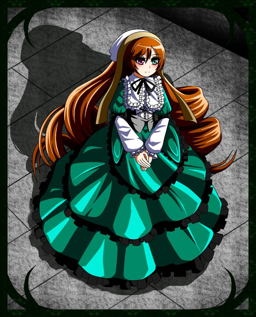 1girl brown_hair dress frills full_body green_dress green_eyes head_scarf heterochromia image lolita_fashion long_hair long_sleeves looking_at_viewer red_eyes solo suiseiseki very_long_hair