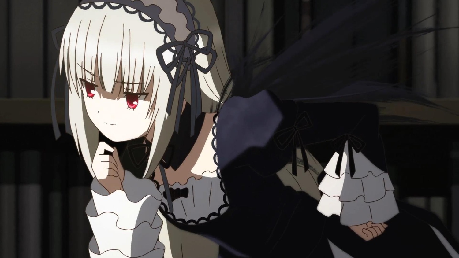 1girl bangs black_dress chair closed_mouth dress eyebrows_visible_through_hair frilled_sleeves frills gothic_lolita hairband image juliet_sleeves lolita_fashion long_hair long_sleeves looking_at_viewer puffy_sleeves red_eyes ribbon silver_hair solo suigintou wings