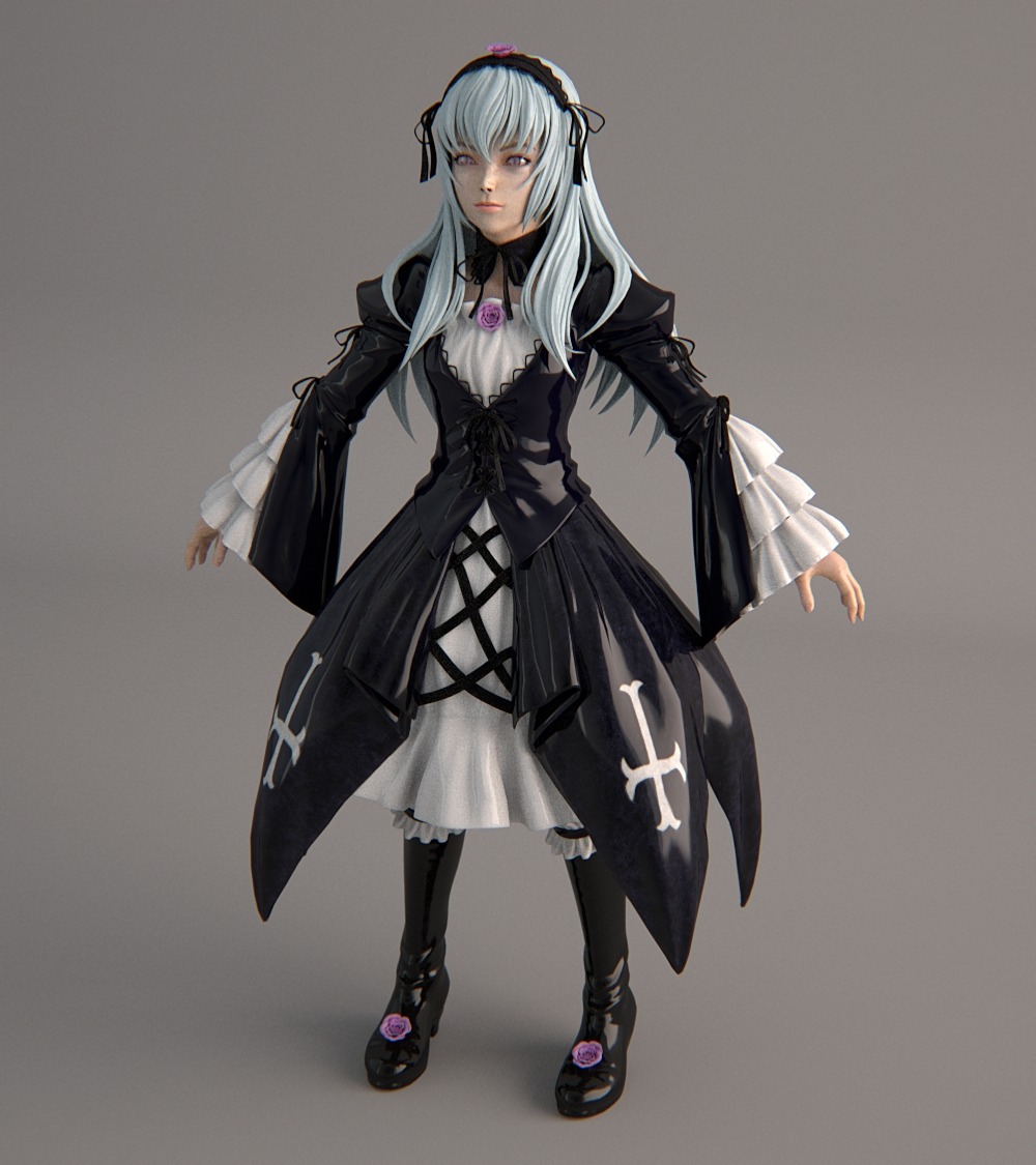 1girl 3d closed_mouth dress flower frills full_body gothic_lolita grey_background hairband image long_hair long_sleeves looking_at_viewer silver_hair solo standing suigintou