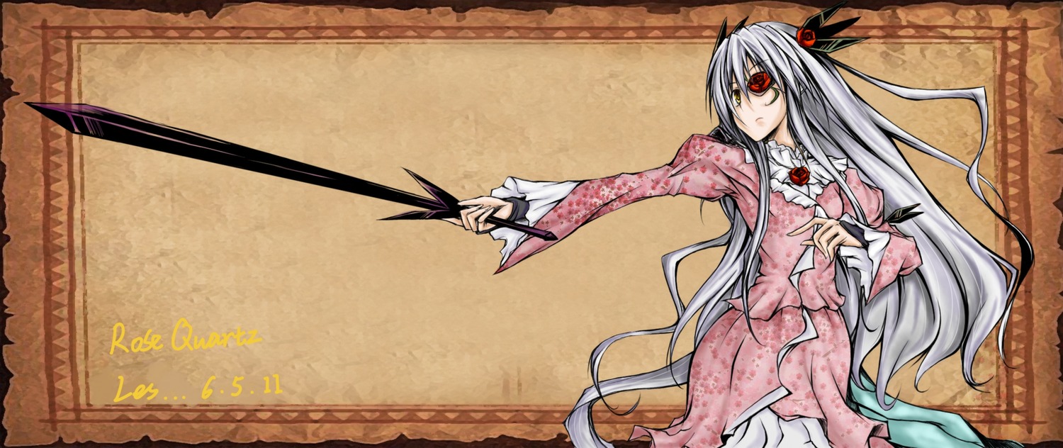 1girl barasuishou flower hair_ornament image long_hair long_sleeves outstretched_arm red_eyes silver_hair solo sword very_long_hair weapon