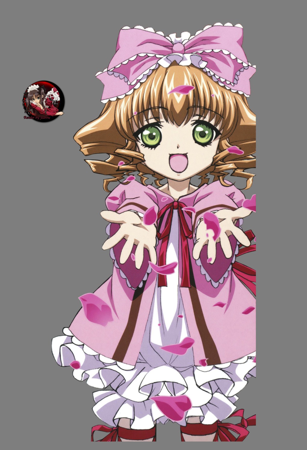 1girl :d auto_tagged blonde_hair bow brown_hair chibi dress frills full_body green_eyes hair_bow heart hina_ichigo hinaichigo image jewelry long_sleeves looking_at_viewer open_mouth outstretched_arm outstretched_arms outstretched_hand pink_bow pink_dress ribbon short_hair smile solo transparent_background