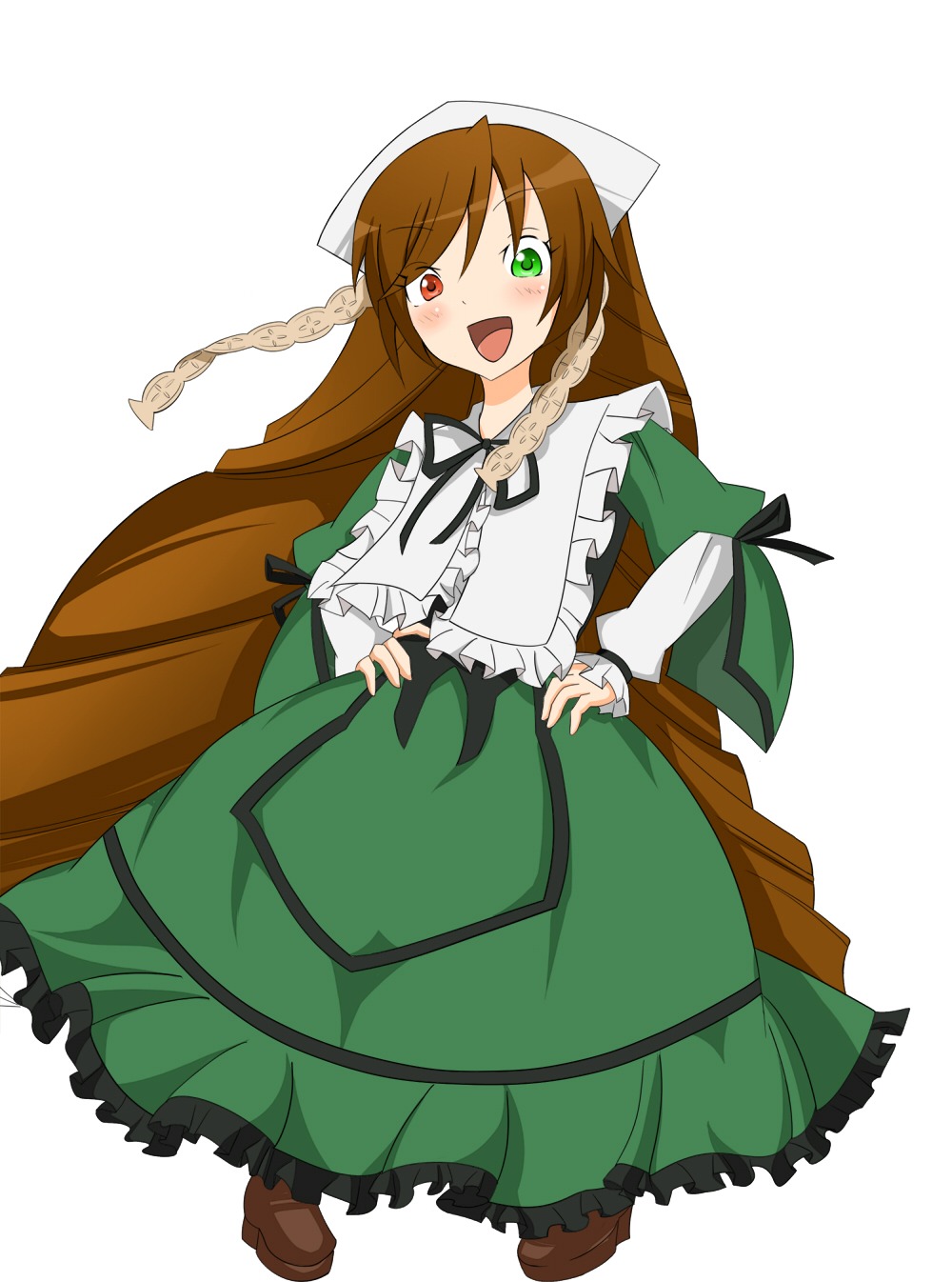 1girl :d blush brown_hair dress frills full_body green_dress green_eyes hat head_scarf heterochromia image long_hair long_sleeves looking_at_viewer open_mouth red_eyes smile solo suiseiseki very_long_hair white_background