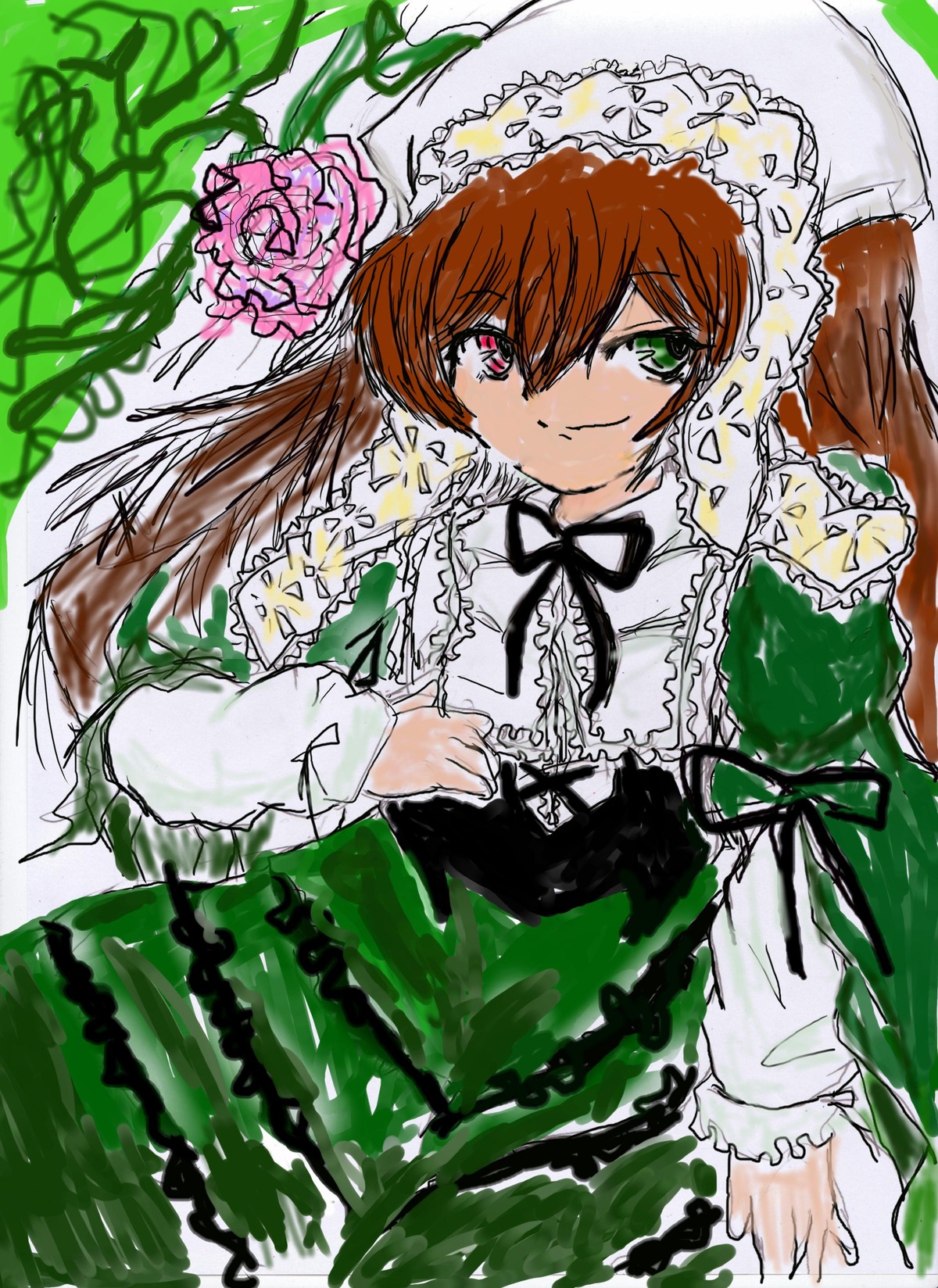 1girl auto_tagged black_ribbon brown_hair dress flower frills green_dress green_eyes hat heterochromia image long_hair long_sleeves looking_at_viewer red_eyes ribbon rose smile solo suiseiseki very_long_hair