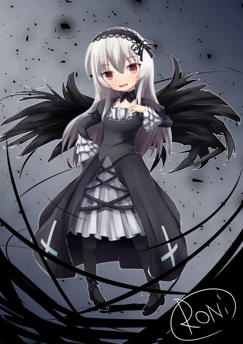 1girl :d bangs black_dress black_footwear black_wings blush dress eyebrows_visible_through_hair flower frills full_body gothic_lolita hair_between_eyes hairband image juliet_sleeves lolita_fashion long_hair long_sleeves looking_at_viewer open_mouth red_eyes silver_hair smile solo standing suigintou very_long_hair wings