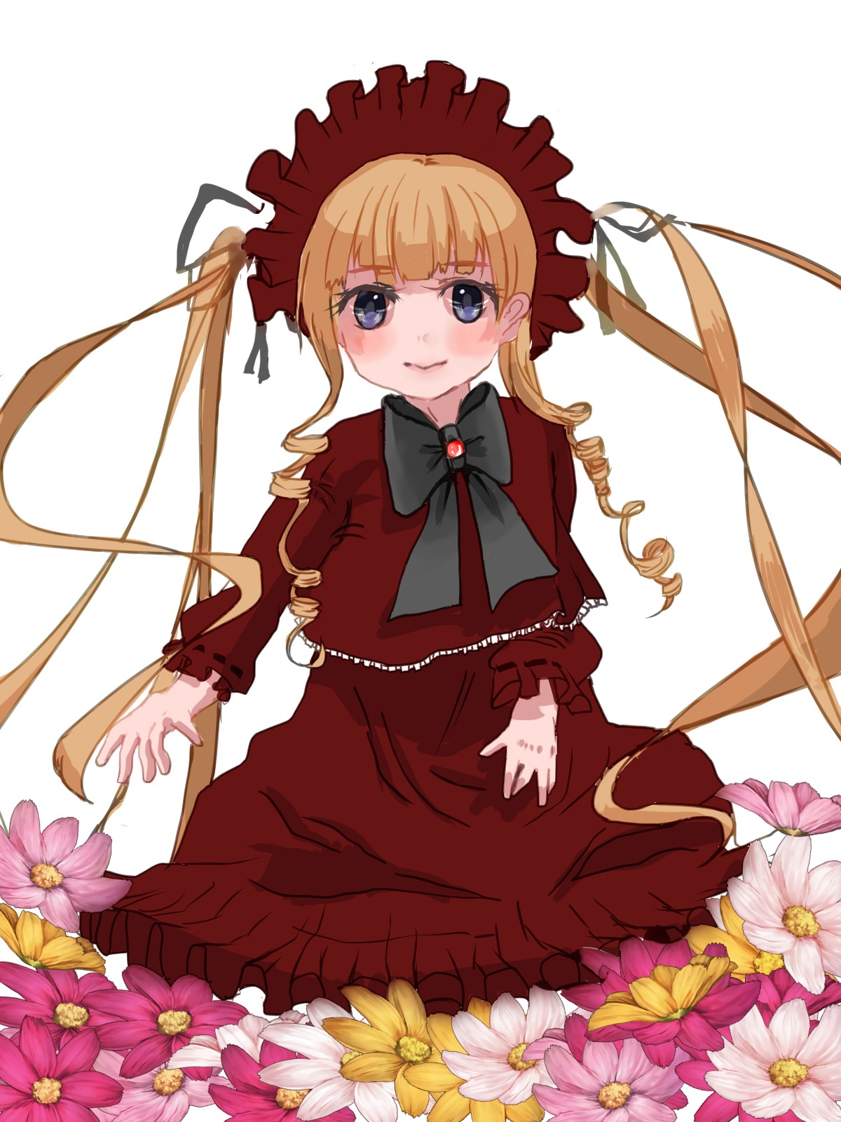 1girl blonde_hair blue_eyes blush bow bowtie dress drill_hair flower image long_hair long_sleeves looking_at_viewer red_dress shinku smile solo twintails white_background