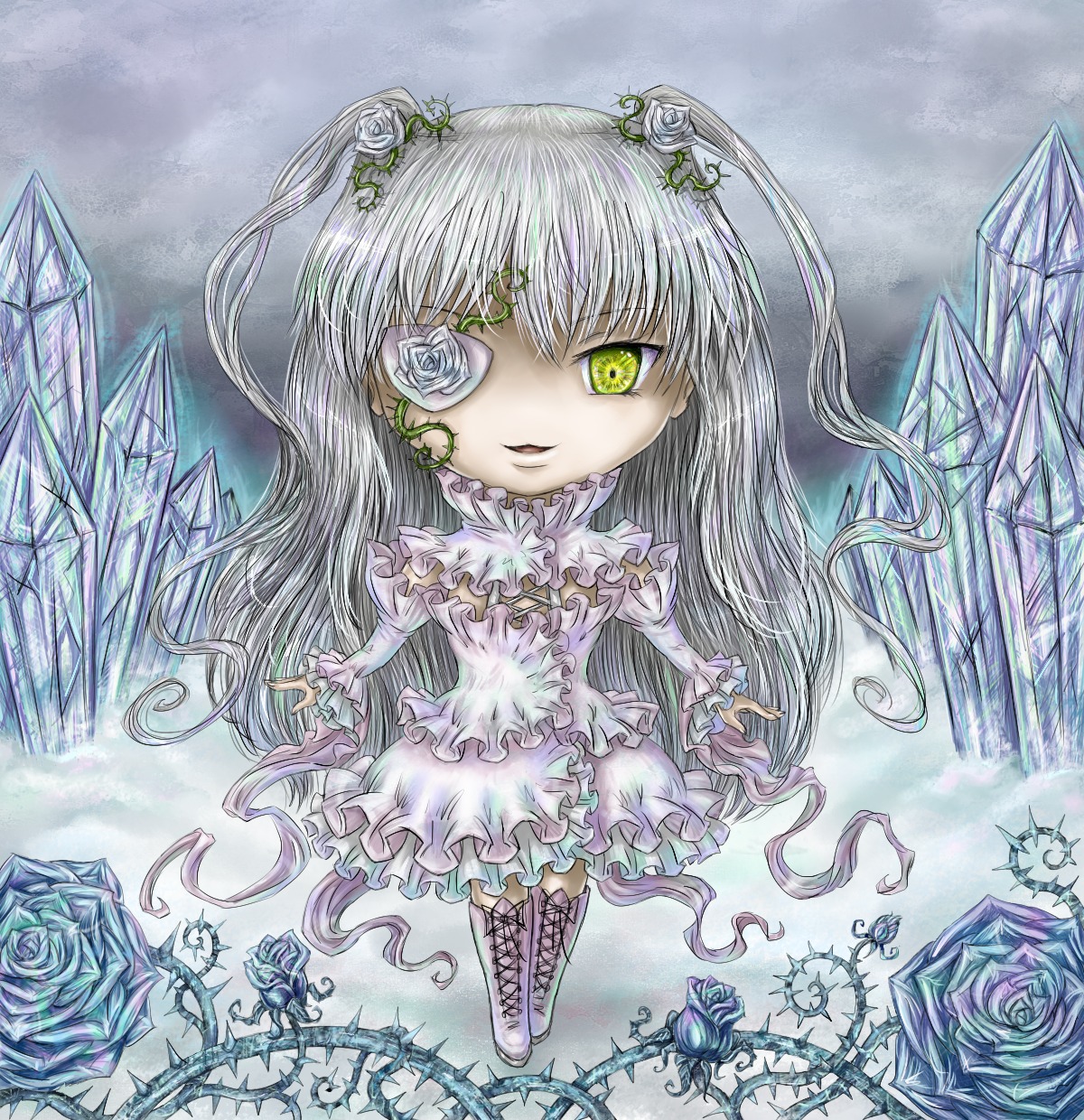 1girl blue_flower blue_rose boots castle cross-laced_footwear dress eyepatch flower frills image kirakishou long_hair pink_rose rose solo thighhighs thorns traditional_media very_long_hair vines white_rose yellow_rose