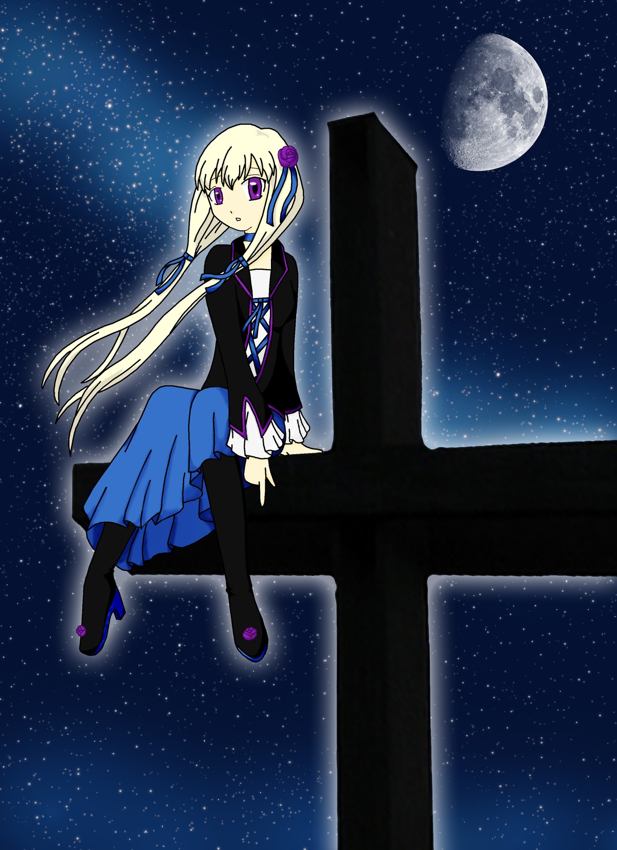 1girl constellation earth full_moon hair_ornament hair_ribbon image long_hair moon night night_sky pantyhose planet purple_eyes ribbon shooting_star sitting sky solo space star_(sky) starry_sky suigintou telescope