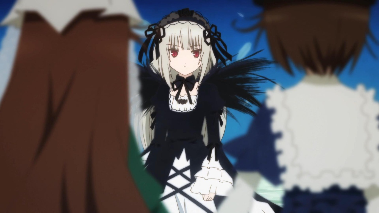 1girl black_dress black_wings blurry blurry_background blurry_foreground brown_hair depth_of_field dress frills gothic_lolita hairband image lolita_fashion lolita_hairband long_hair long_sleeves motion_blur multiple red_eyes ribbon silver_hair solo_focus suigintou tagme wings