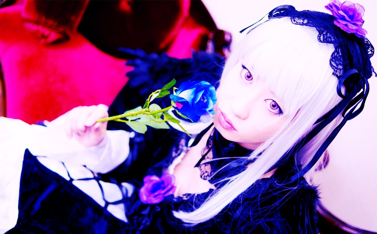 1girl flower hairband lips lolita_fashion long_hair looking_at_viewer purple_eyes solo suigintou upper_body