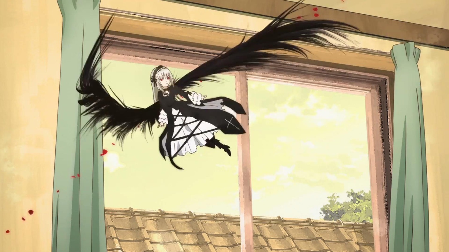 1girl black_dress black_wings dress flower hairband image long_hair long_sleeves looking_at_viewer ribbon rose silver_hair solo standing suigintou very_long_hair window wings