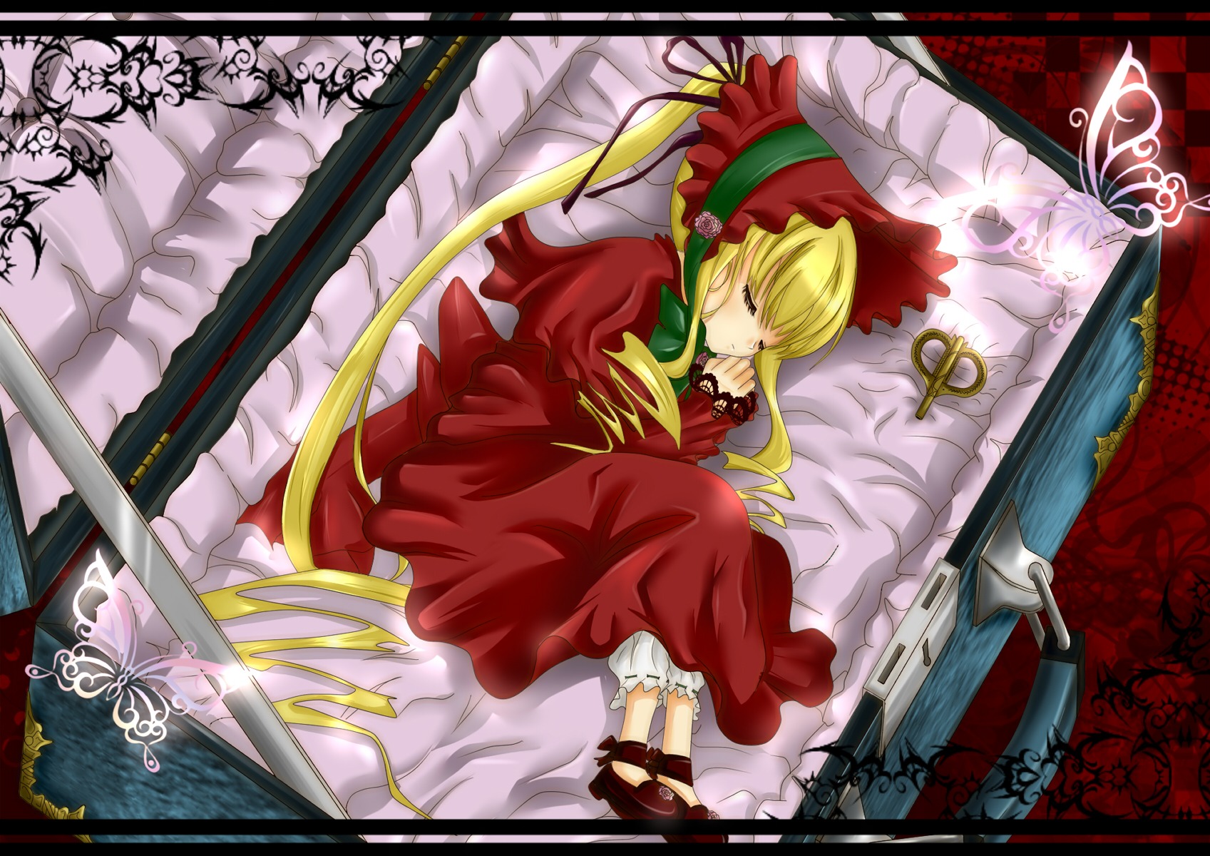 1girl blonde_hair bonnet bug butterfly closed_eyes dress flower image insect letterboxed long_hair lying red_dress shinku sleeping solo twintails