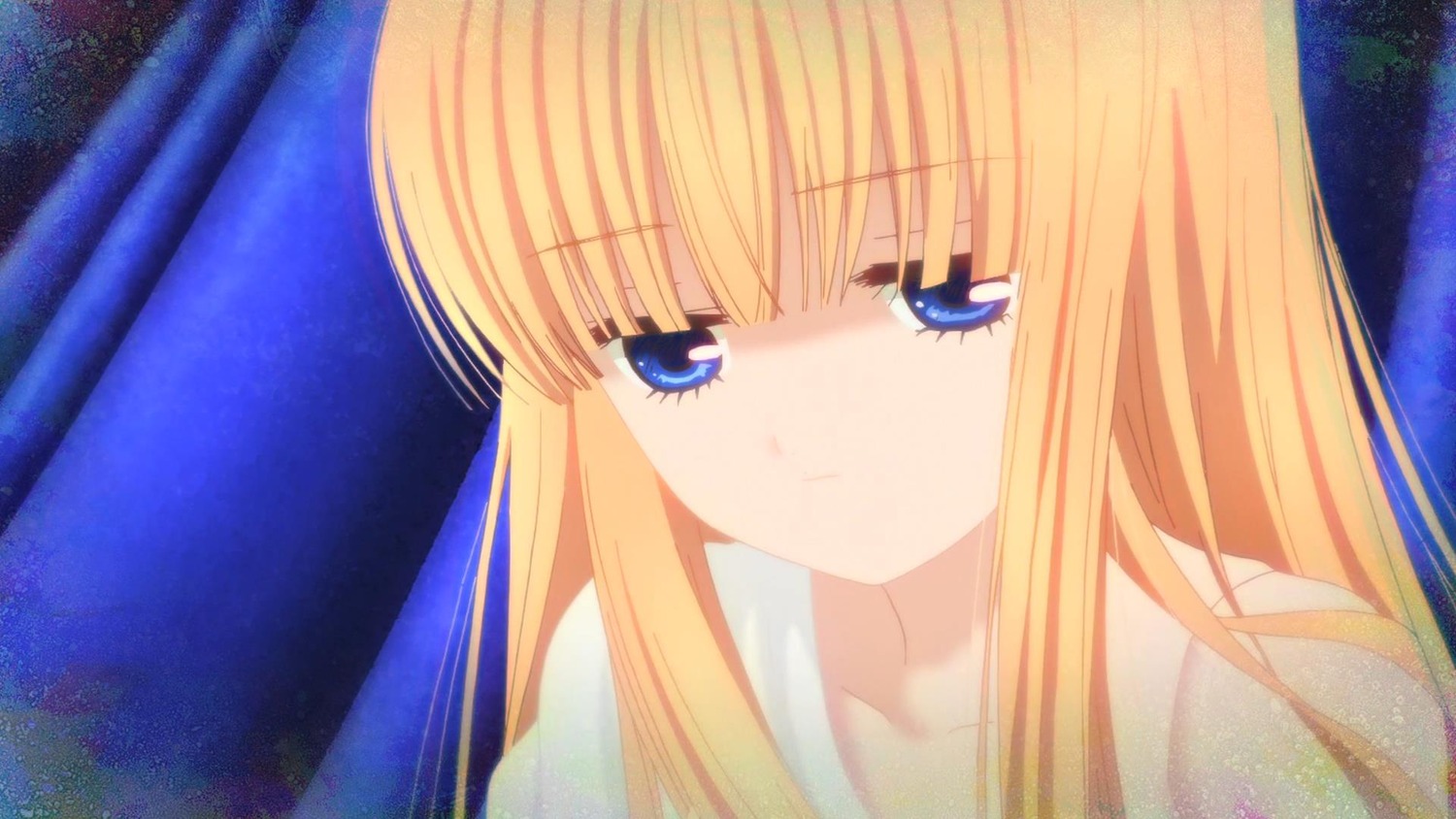 1girl bangs blonde_hair blue_eyes closed_mouth collarbone expressionless eyebrows_visible_through_hair image long_hair night portrait shinku solo