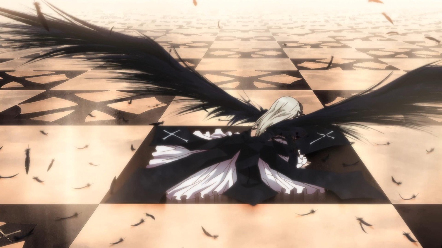 1girl angel_wings argyle argyle_background argyle_legwear bird black_wings checkered checkered_background checkered_floor crow dress feathers image long_hair solo suigintou tile_floor tiles very_long_hair white_hair wings