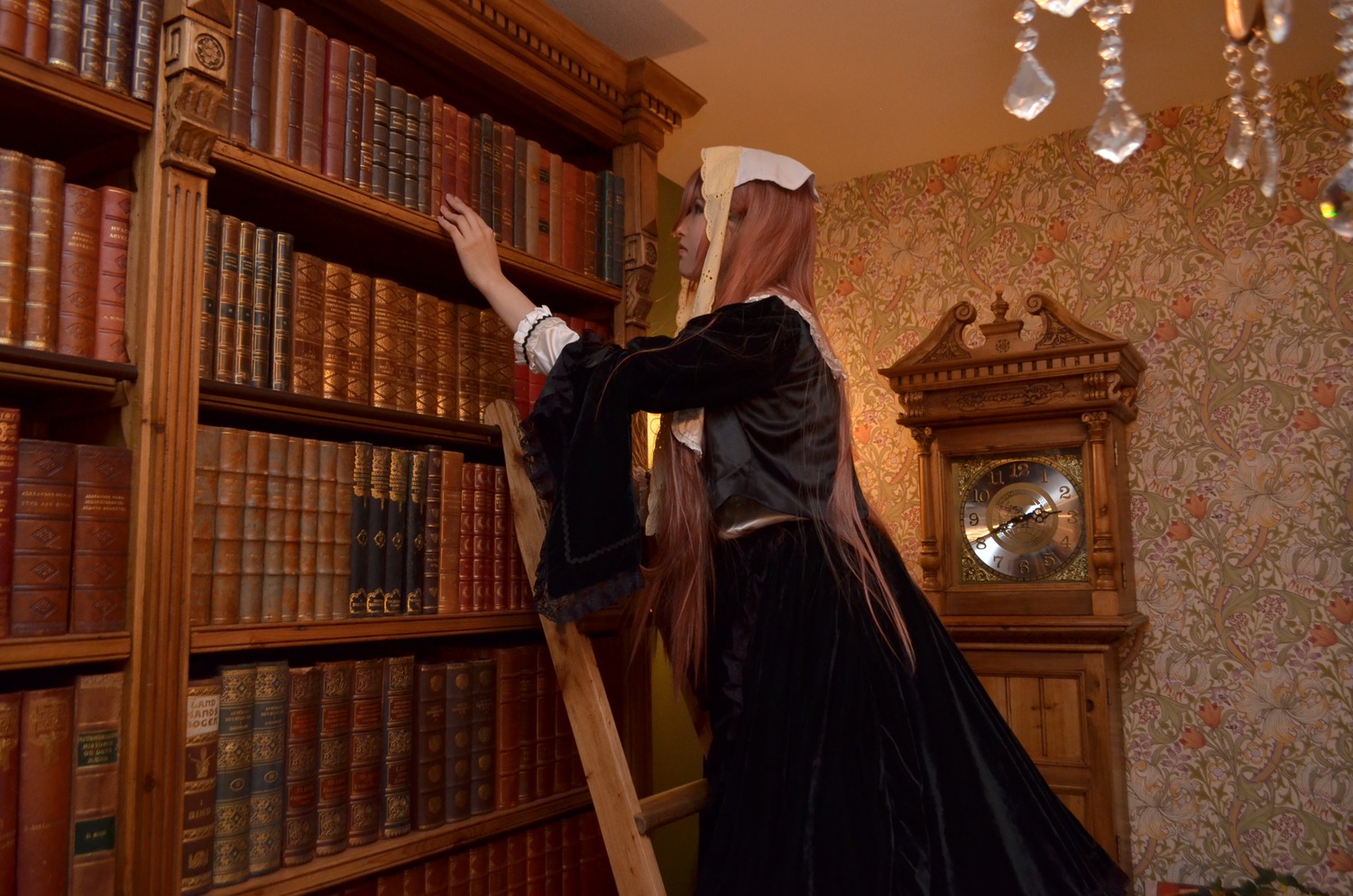 1girl book bookshelf dress holding_book indoors ladder library long_hair solo standing suiseiseki voile