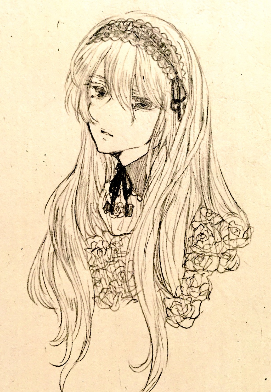 1girl bangs closed_mouth eyebrows_visible_through_hair flower graphite_(medium) hair_between_eyes hairband image long_hair looking_at_viewer monochrome parted_lips rose solo suigintou traditional_media upper_body