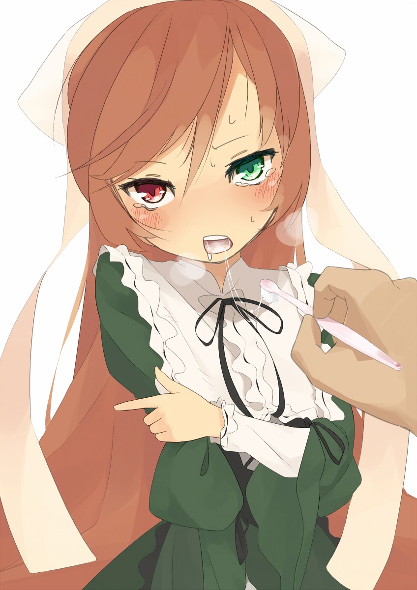 1girl blush brown_hair brushing_another's_teeth brushing_teeth commentary_request dress flat_chest frills green_eyes hands heterochromia highres holding_own_arm image long_hair nakamura_(marakimi) open_mouth photoshop_(medium) pov red_eyes ribbon rozen_maiden saliva saliva_trail sexually_suggestive solo solo_focus suiseiseki tears toothbrush uncommon_stimulation very_long_hair
