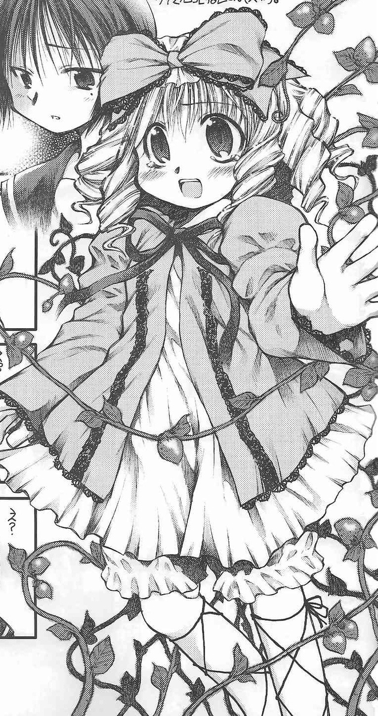 2girls blush bow dress drill_hair frills greyscale hair_bow hina_ichigo hinaichigo image kashiwaba_tomoe long_sleeves monochrome multiple_girls open_mouth ribbon solo twin_drills