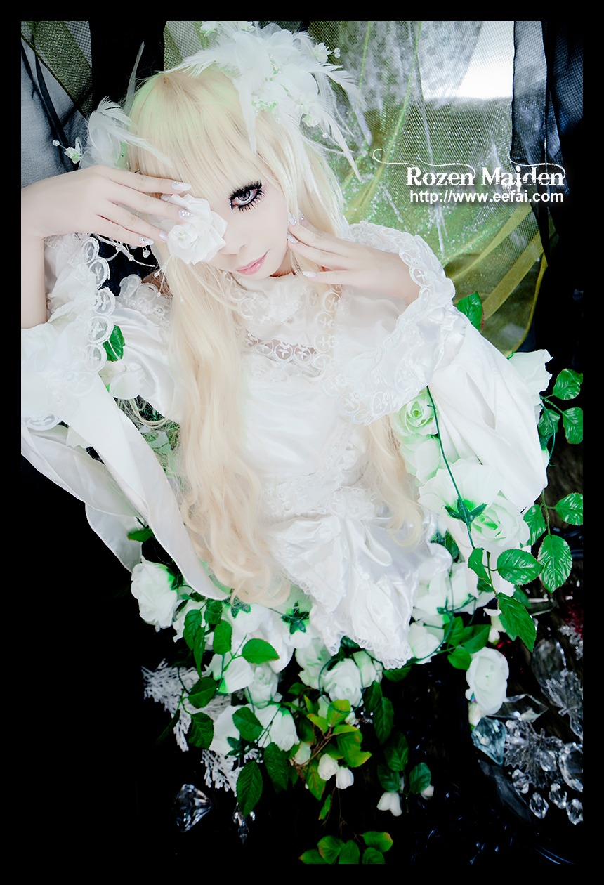 1girl bangs blonde_hair dress flower kirakishou lace letterboxed lips long_hair nail_polish solo white_dress