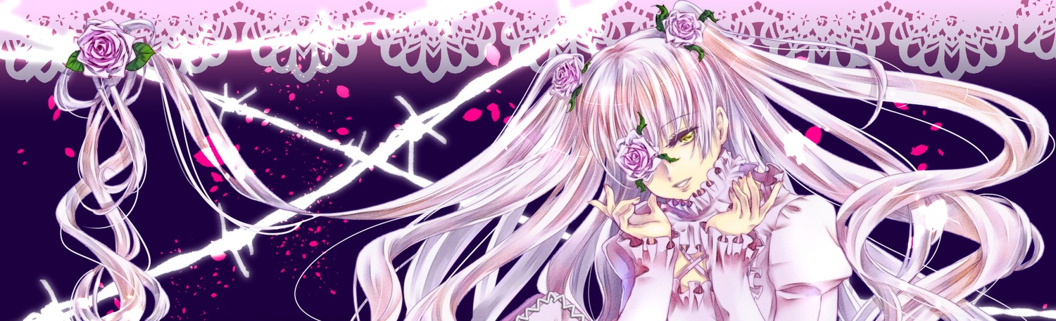 1girl dress eyepatch flower frills hair_flower hair_ornament image kirakishou long_hair pink_flower pink_rose rose solo thorns two_side_up very_long_hair vines white_rose