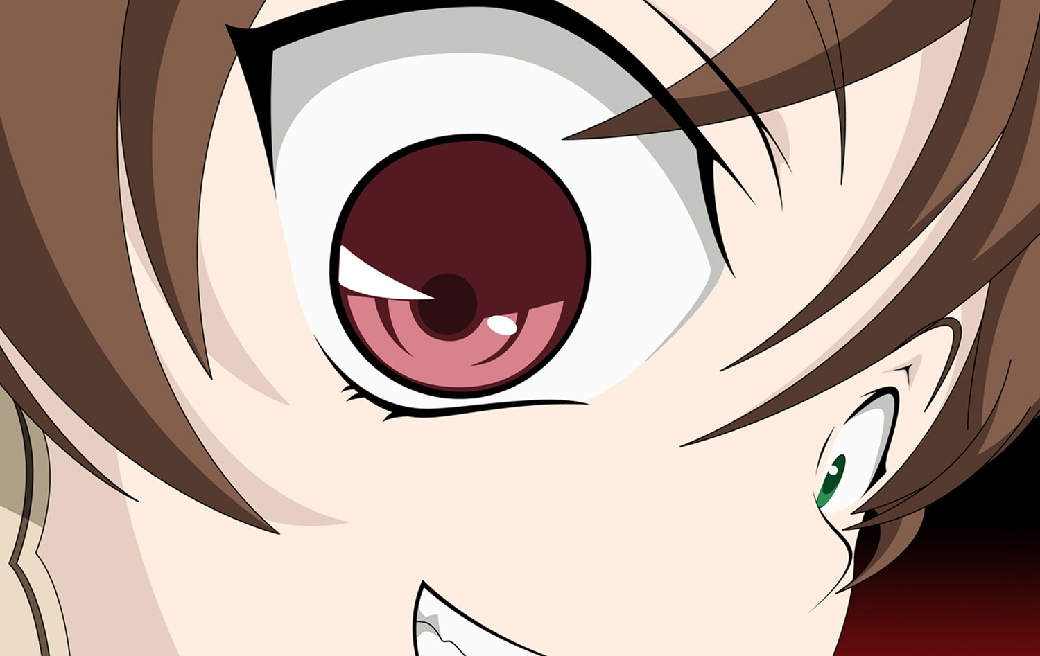 1girl bangs brown_hair close-up eye_focus eyebrows_visible_through_hair face green_eyes grin hair_between_eyes heterochromia image looking_at_viewer red_eyes rozen_maiden short_hair simple_background smile solo suiseiseki vector_trace