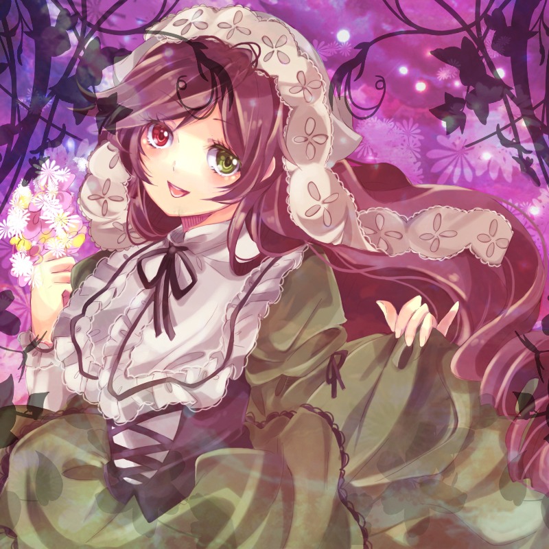 1girl bad_id bad_pixiv_id brown_hair dress flower frills hairband hat heterochromia hoe_satsuki image long_hair long_sleeves open_mouth red_eyes rozen_maiden solo suiseiseki very_long_hair