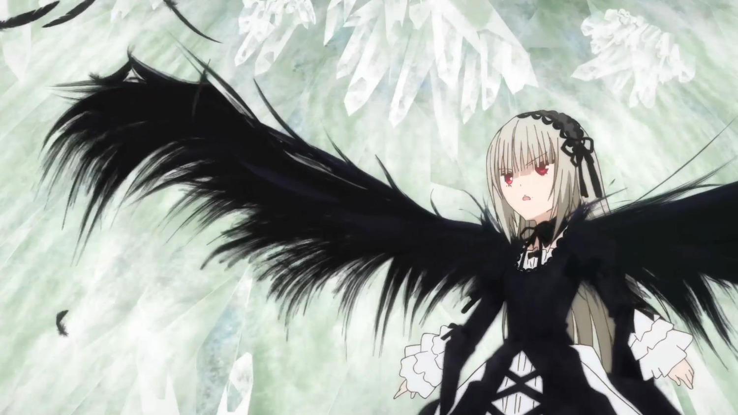 1girl bangs black_dress black_ribbon black_wings dress feathered_wings feathers flower frills hairband image long_hair long_sleeves red_eyes ribbon rose silver_hair solo suigintou very_long_hair wings