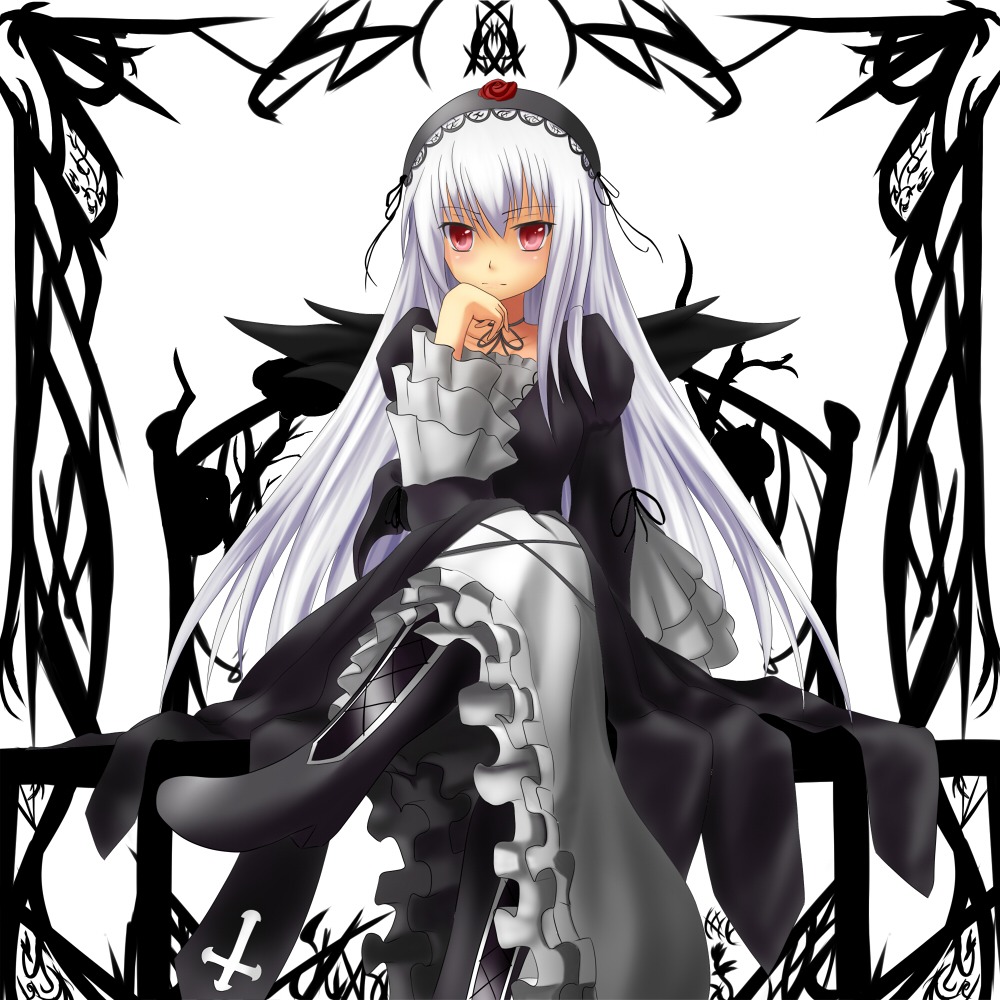 1girl black_dress black_ribbon boots dress feathers flower frills hairband image juliet_sleeves long_hair long_sleeves looking_at_viewer puffy_sleeves red_eyes ribbon signature silver_hair sitting solo suigintou very_long_hair white_background wings