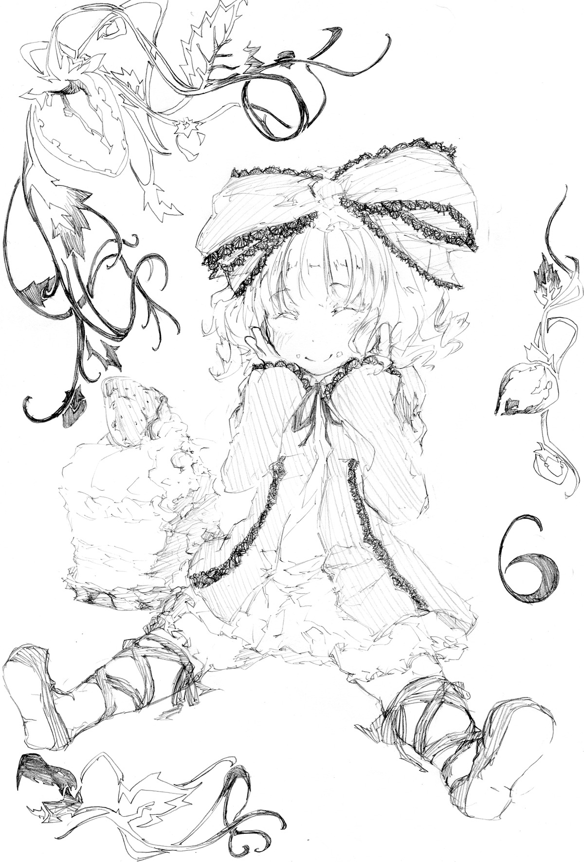 1girl bird closed_eyes flower greyscale hinaichigo image monochrome ribbon short_hair sketch smile solo striped traditional_media