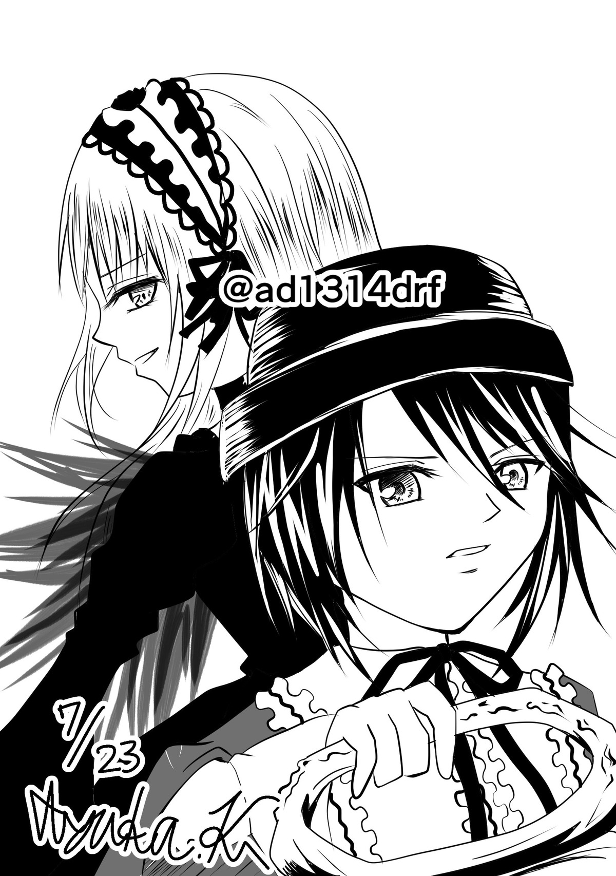 2girls back-to-back blush dress frills gothic_lolita greyscale hairband hat image lolita_fashion lolita_hairband long_hair monochrome multiple_girls pair ribbon short_hair smile souseiseki striped suigintou