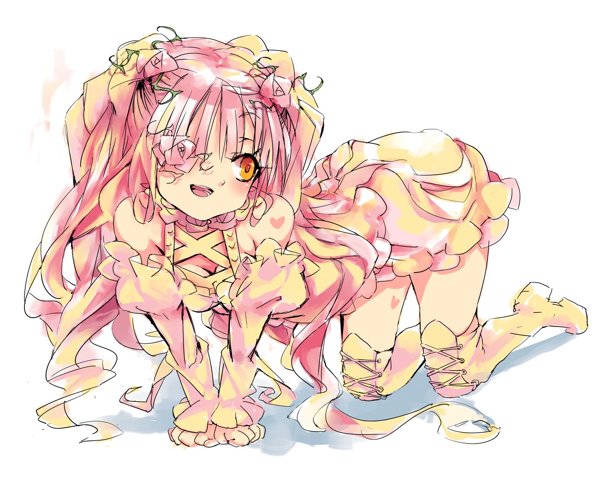 1girl all_fours boots detached_sleeves dress flower image kirakishou long_hair open_mouth pink_hair smile solo thigh_boots thighhighs very_long_hair yellow_eyes yellow_footwear