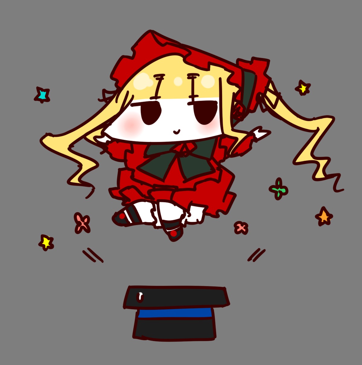 1girl blonde_hair blush bow chibi dress full_body image long_hair long_sleeves red_dress shinku solo star_(symbol) transparent_background