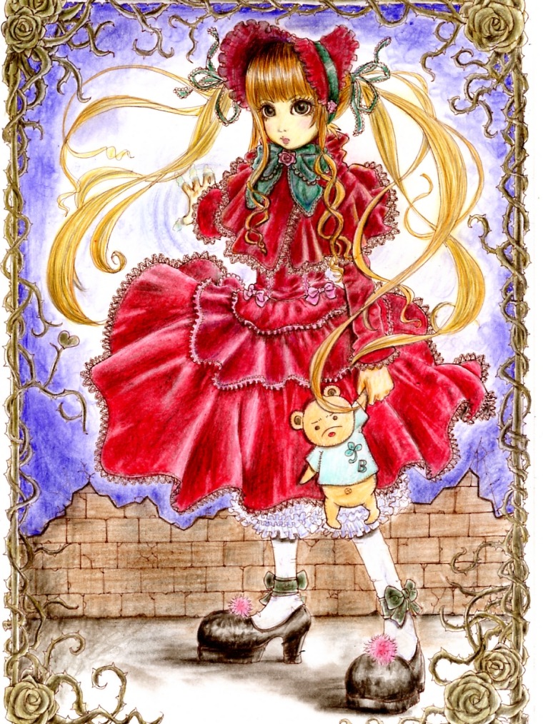1girl blonde_hair bonnet boots bow dress flower full_body image lolita_fashion long_hair looking_at_viewer marker_(medium) pantyhose red_dress rose shinku solo standing traditional_media twintails very_long_hair white_legwear