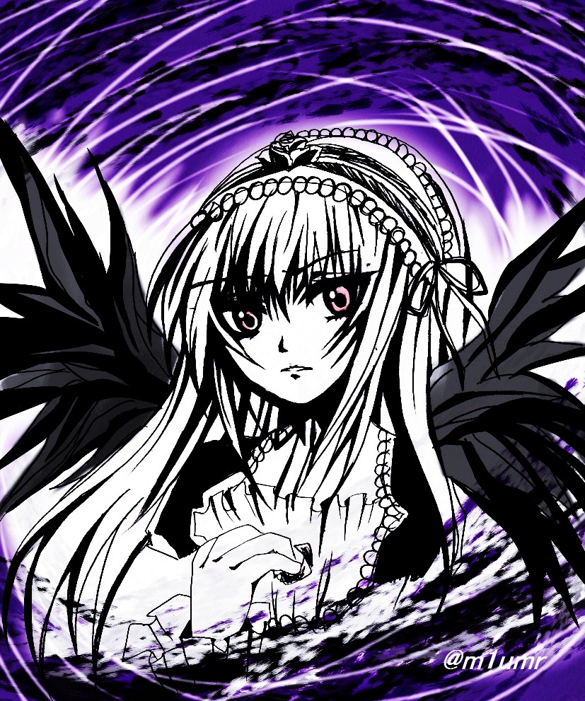 1girl black_wings dress feathered_wings flower frills hairband image long_hair long_sleeves looking_at_viewer monochrome ribbon rose solo suigintou wings