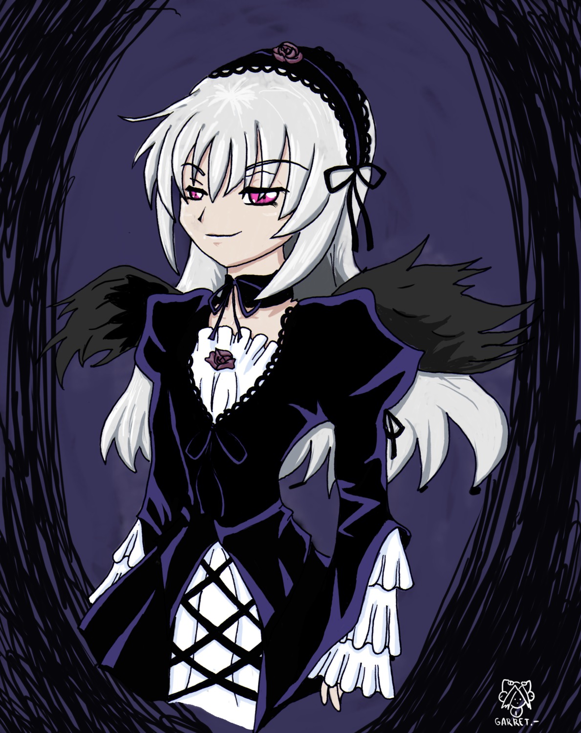 1girl auto_tagged black_dress black_wings dress frills grin hairband image lolita_hairband long_hair long_sleeves looking_at_viewer pink_eyes silver_hair smile solo suigintou wings