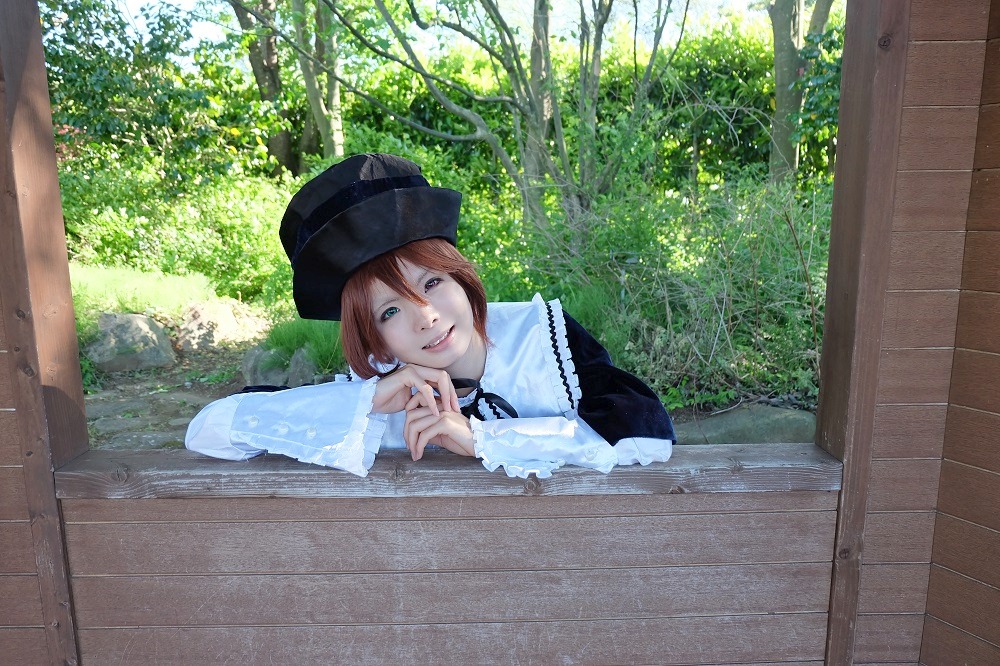 1girl blue_eyes brown_hair bush day dress frills hat long_sleeves outdoors ribbon short_hair smile solo souseiseki sunlight tree