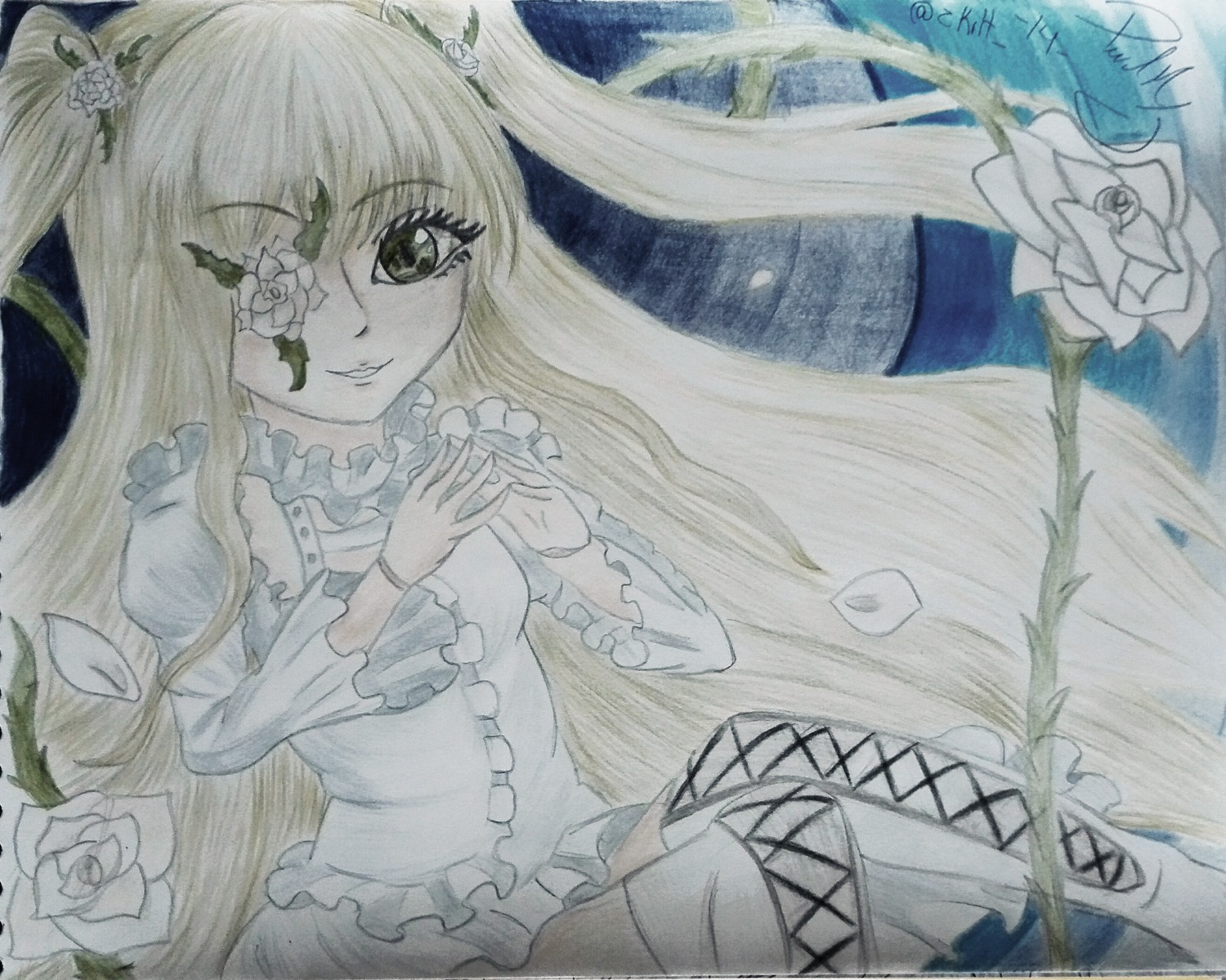 1girl blonde_hair dress eyepatch flower frills hair_ornament image kirakishou long_hair long_sleeves marker_(medium) rose smile solo thorns traditional_media two_side_up very_long_hair vines white_flower white_rose