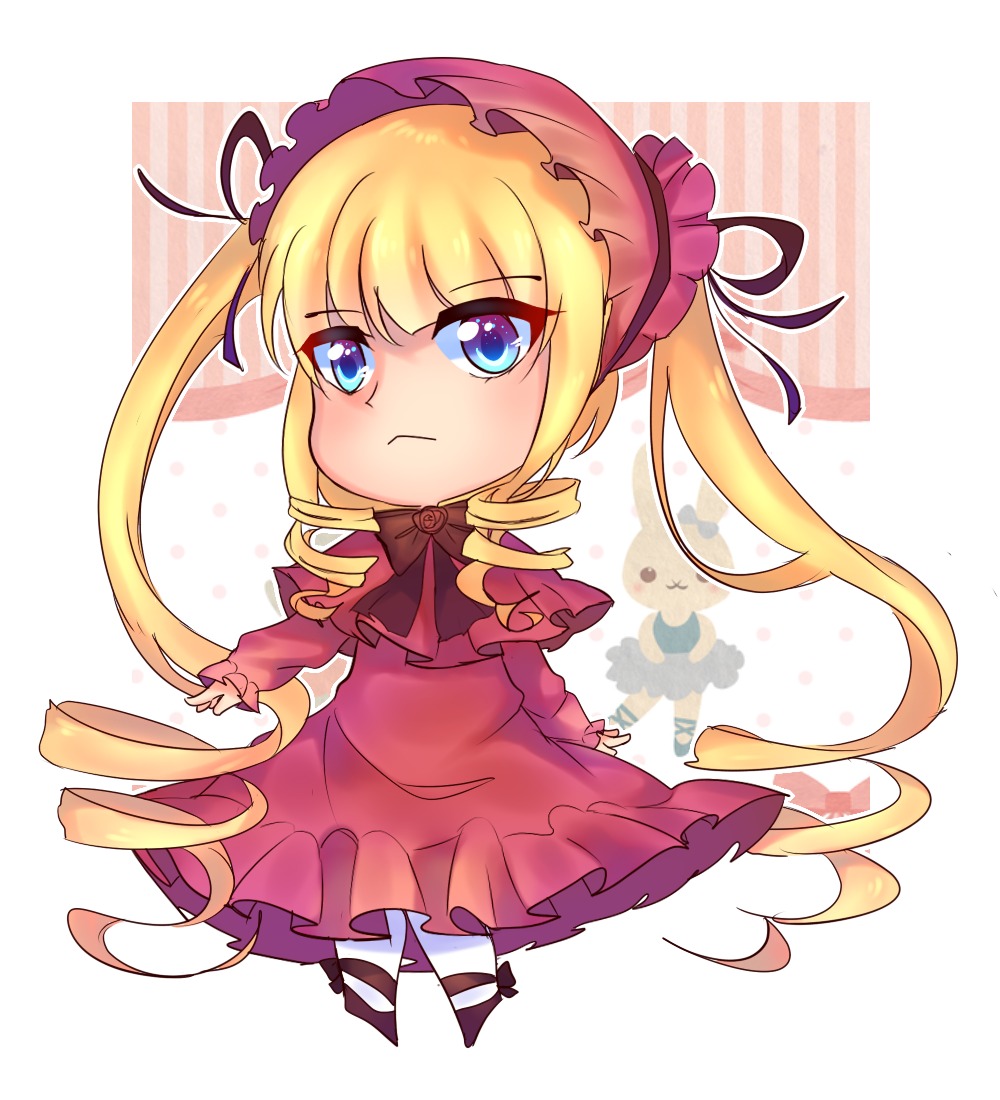 1girl blonde_hair blue_eyes bow chibi dress drill_hair full_body image long_hair long_sleeves looking_at_viewer shinku solo striped twin_drills twintails very_long_hair