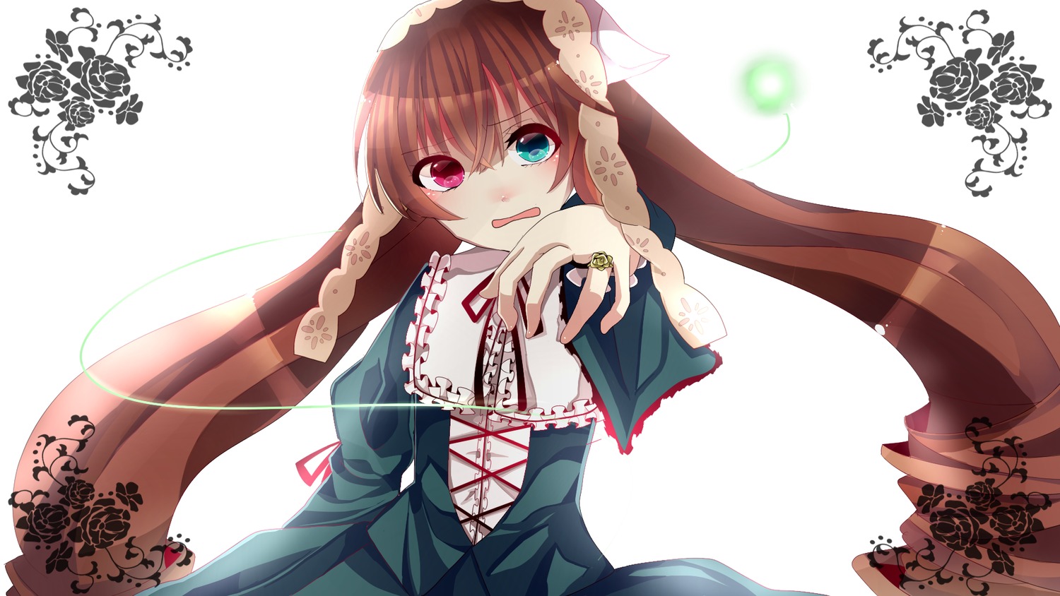 1girl blue_eyes brown_hair dress green_dress heterochromia image jewelry long_hair long_sleeves looking_at_viewer open_mouth red_eyes solo suiseiseki very_long_hair white_background