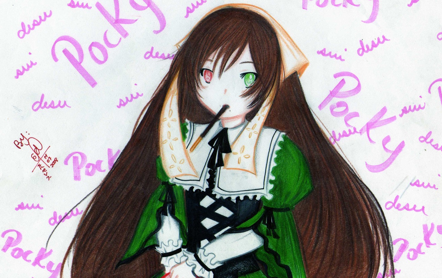 1girl auto_tagged brown_hair dated dress english_text green_dress green_eyes heterochromia image long_hair long_sleeves mouth_hold red_eyes solo suiseiseki very_long_hair