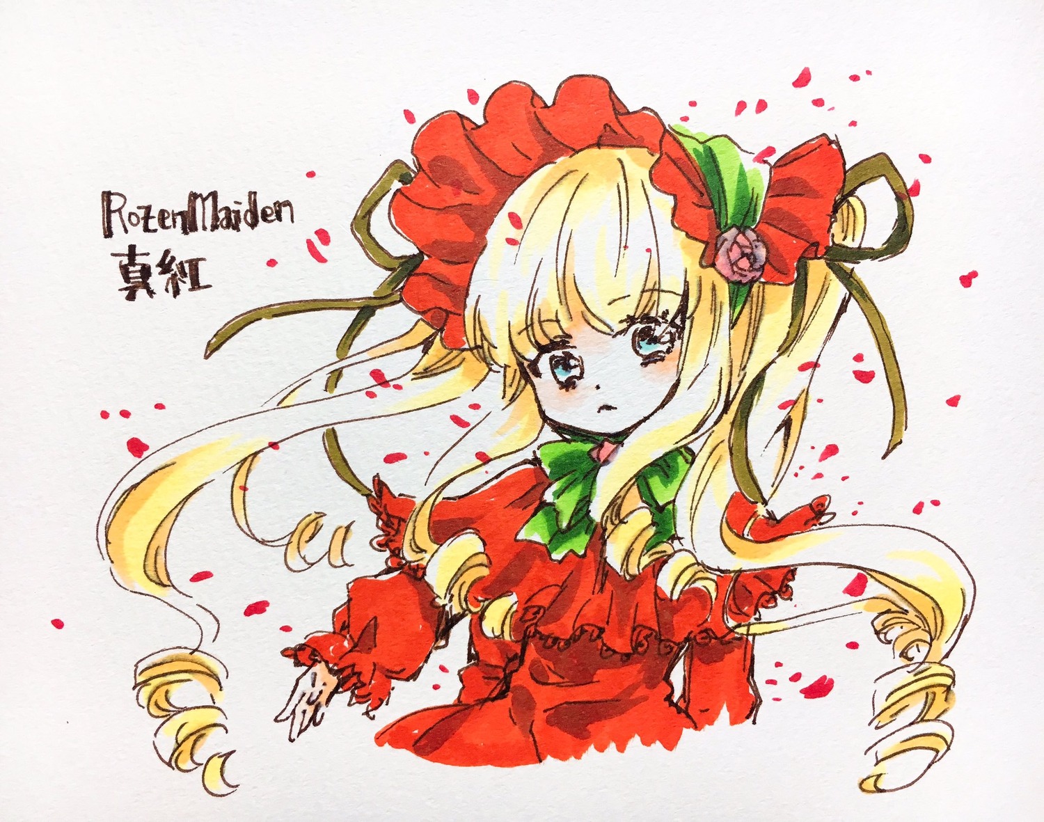 1girl blonde_hair blue_eyes bonnet bow bowtie dress drill_hair flower image long_hair long_sleeves looking_at_viewer marker_(medium) petals red_dress red_flower rose rose_petals shinku solo striped traditional_media upper_body