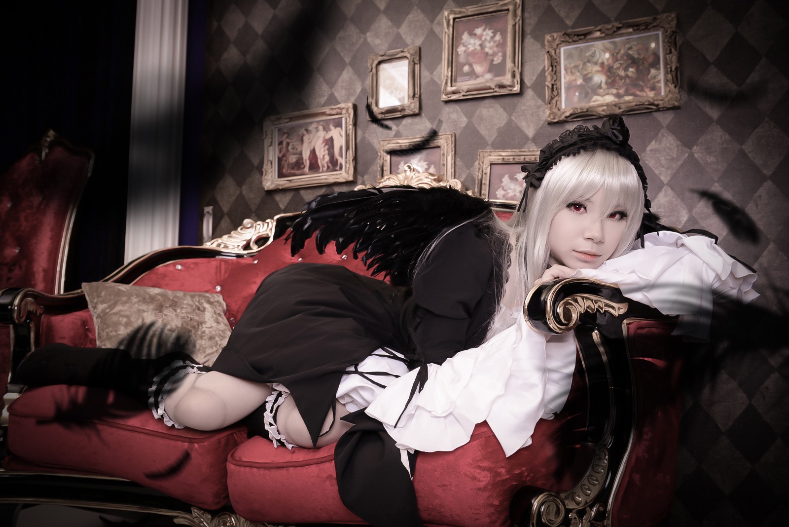 1girl argyle argyle_background argyle_legwear board_game boots chair checkered checkered_background checkered_floor chess_piece gothic_lolita hairband lolita_fashion long_hair lying perspective red_eyes rose silver_hair sitting solo suigintou tile_floor tile_wall tiles wings