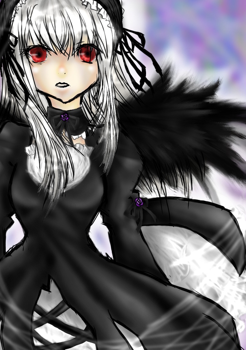 1girl bangs black_dress black_wings dress feathers flower frills hairband image long_hair long_sleeves looking_at_viewer red_eyes ribbon rose silver_hair solo suigintou wings